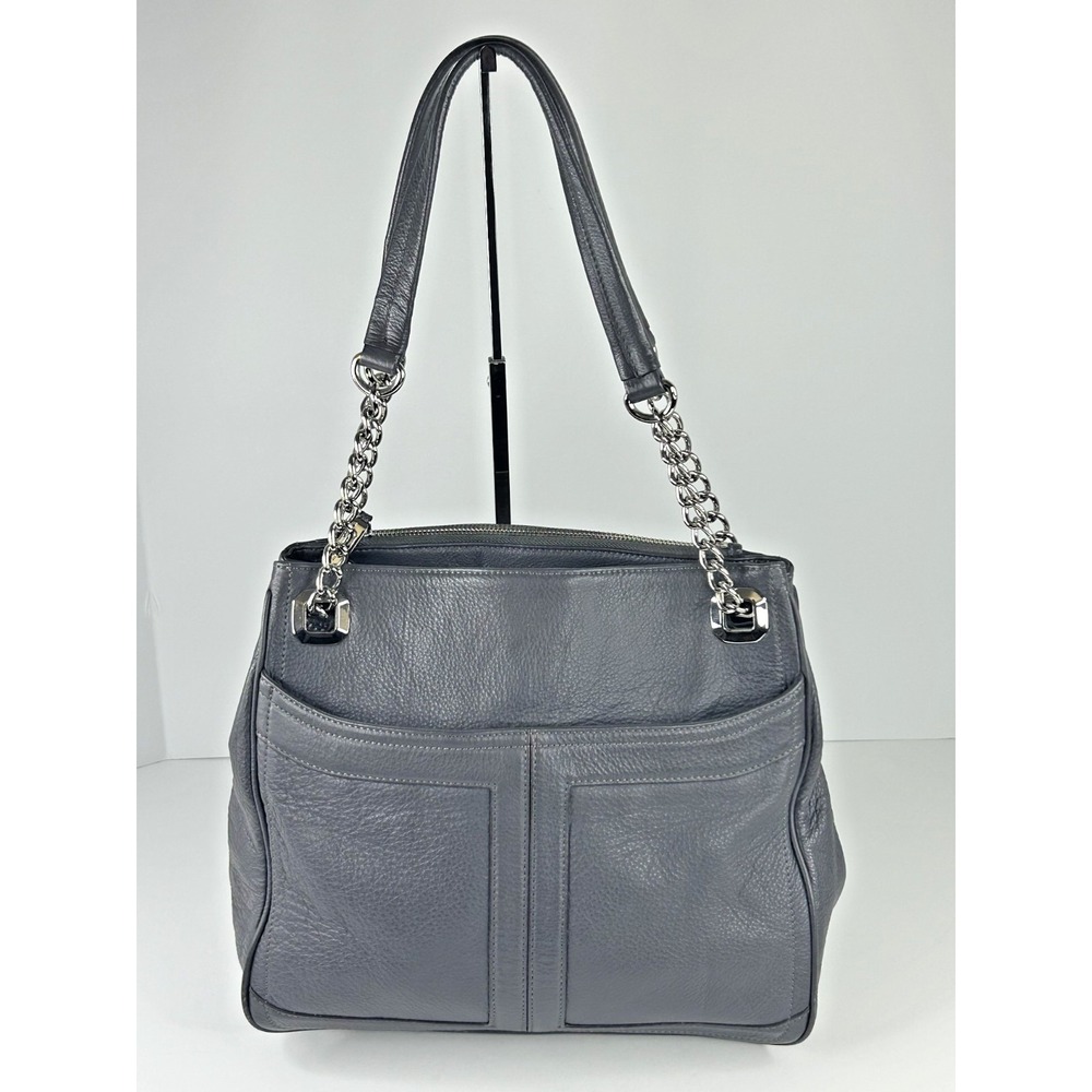 B. Makowsky Gray Leather Shoulder Bag Large Handbag Chain Strap Pockets Hobo
